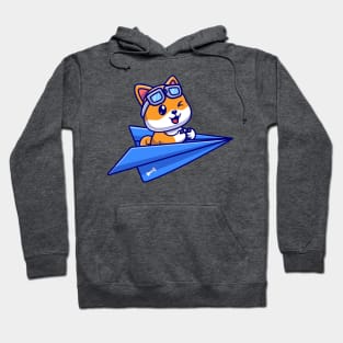 Cute Shiba Inu Dog Pilot Driving Paper Plane Cartoon Hoodie